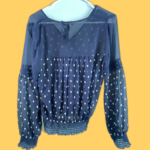 Free People Navy White Polka Dot Sheer Boho Blouse sz M - Picture 3 of 9